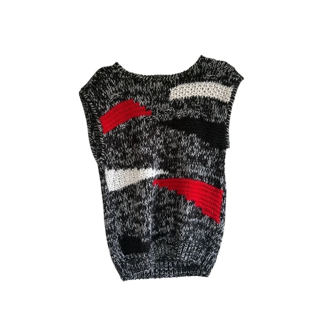Hand-Knit Sleeveless Black Red Sweater Abstract Large